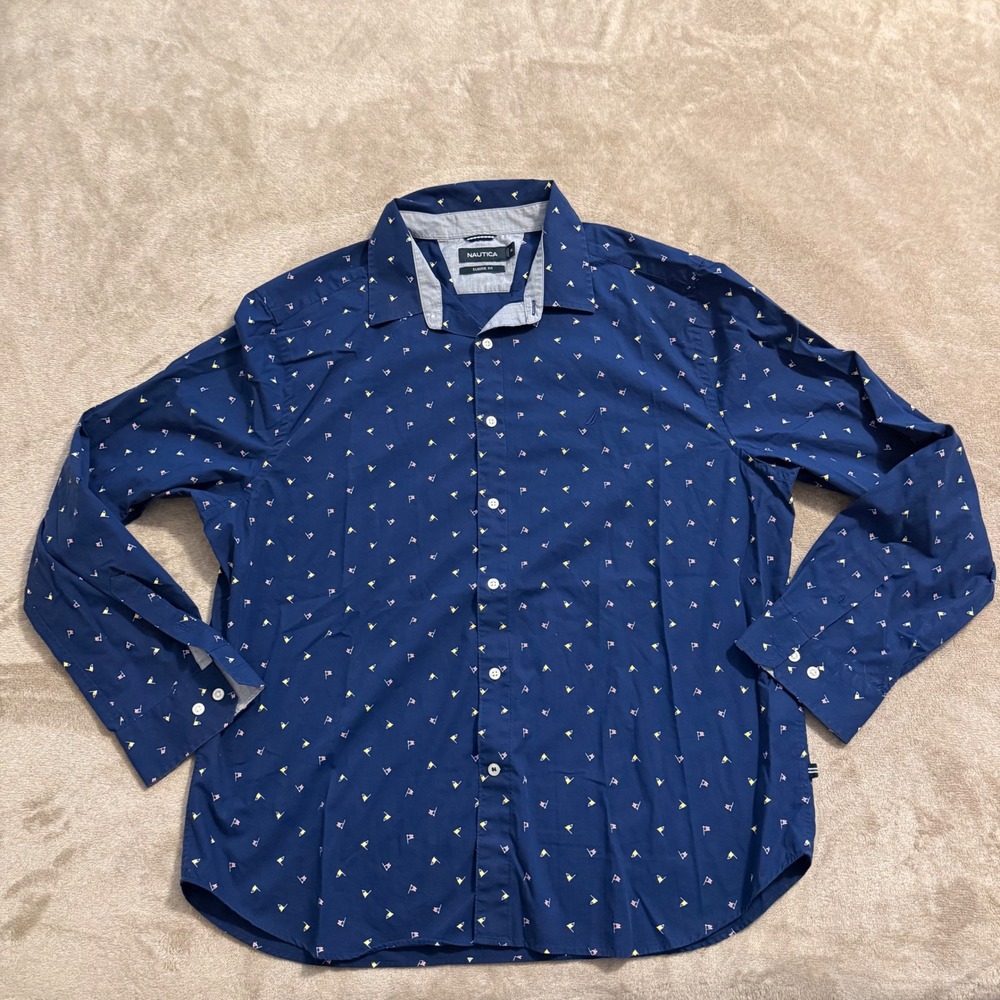 Nautica Mens XXL Navy Blue Nautical Flag Print Cotton Button Down Shirt W83320